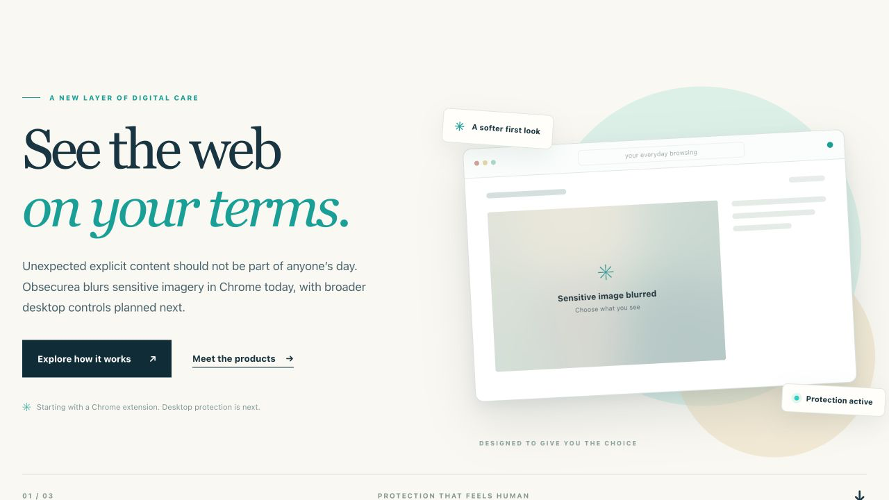 Obsecurea homepage preview showing its privacy-minded Chrome experience