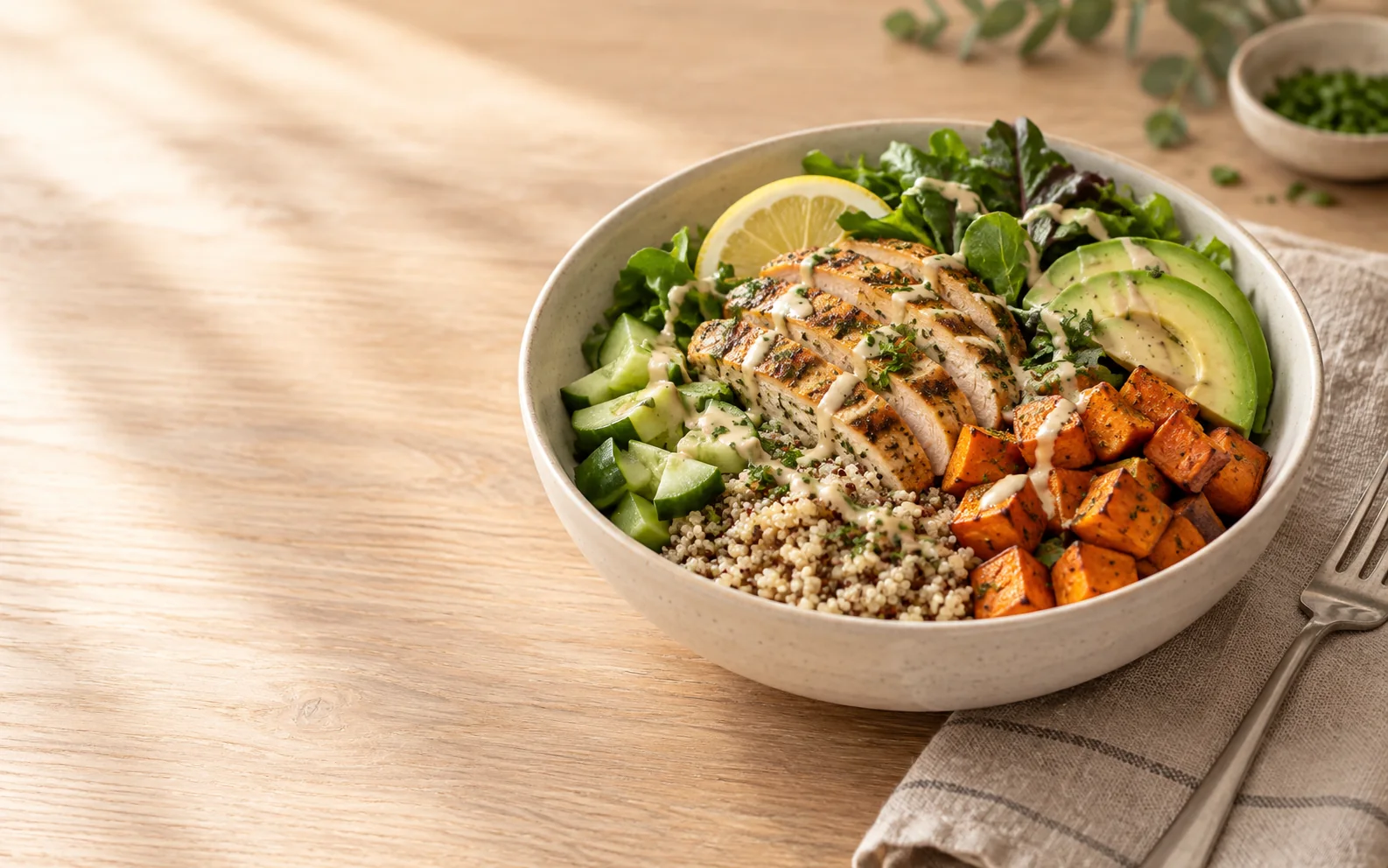 Balanced bowl with herb chicken, quinoa, greens, cucumber, avocado, and roasted sweet potato